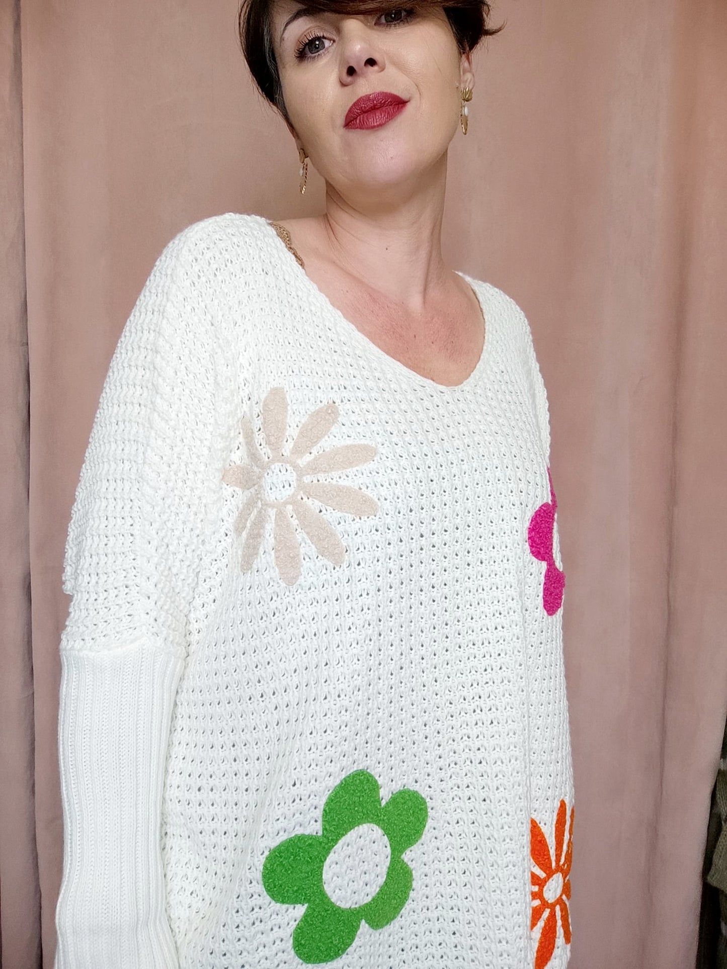 Pull Maille Fleurs Blanc