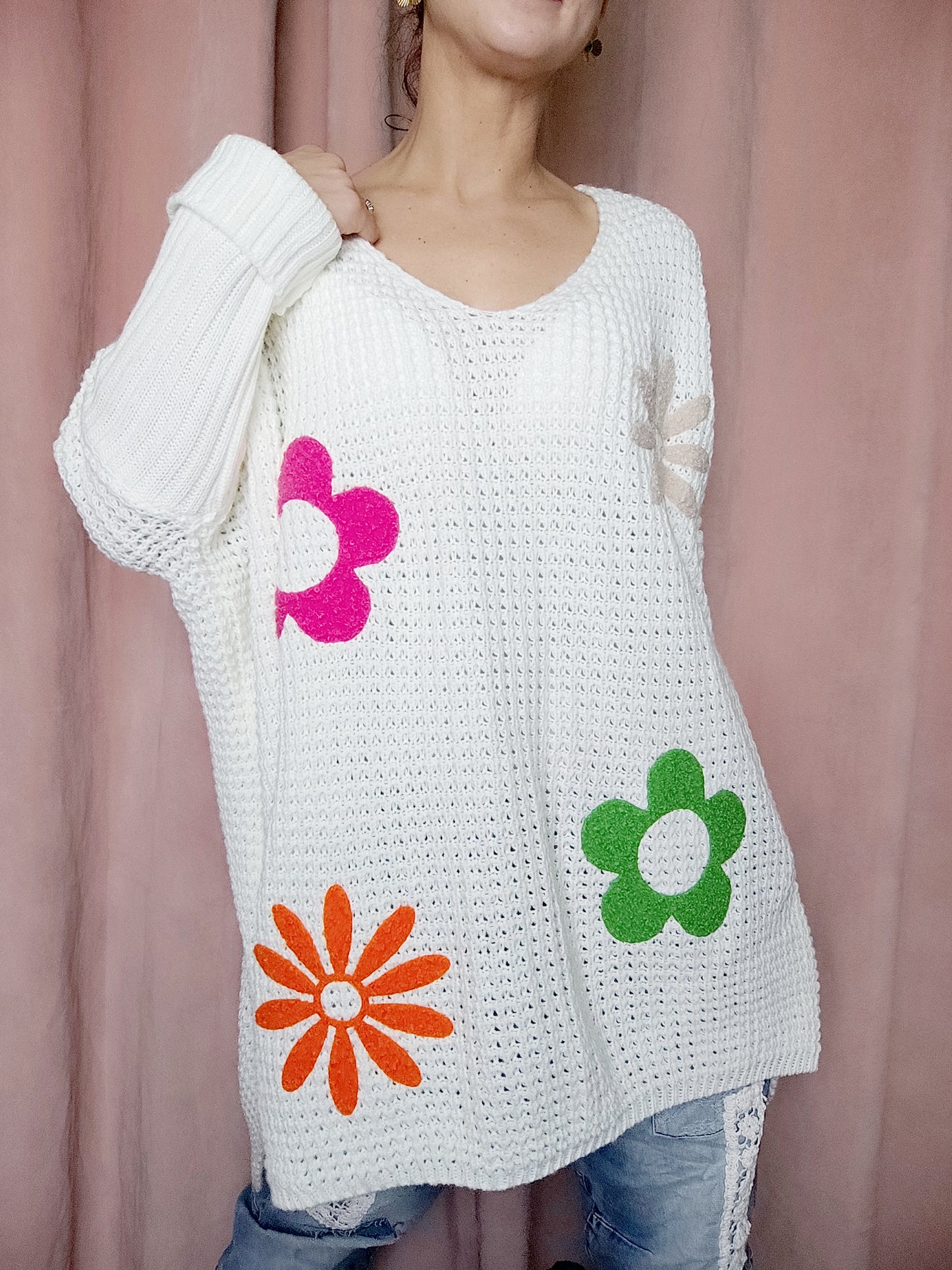 Pull Maille Fleurs Blanc