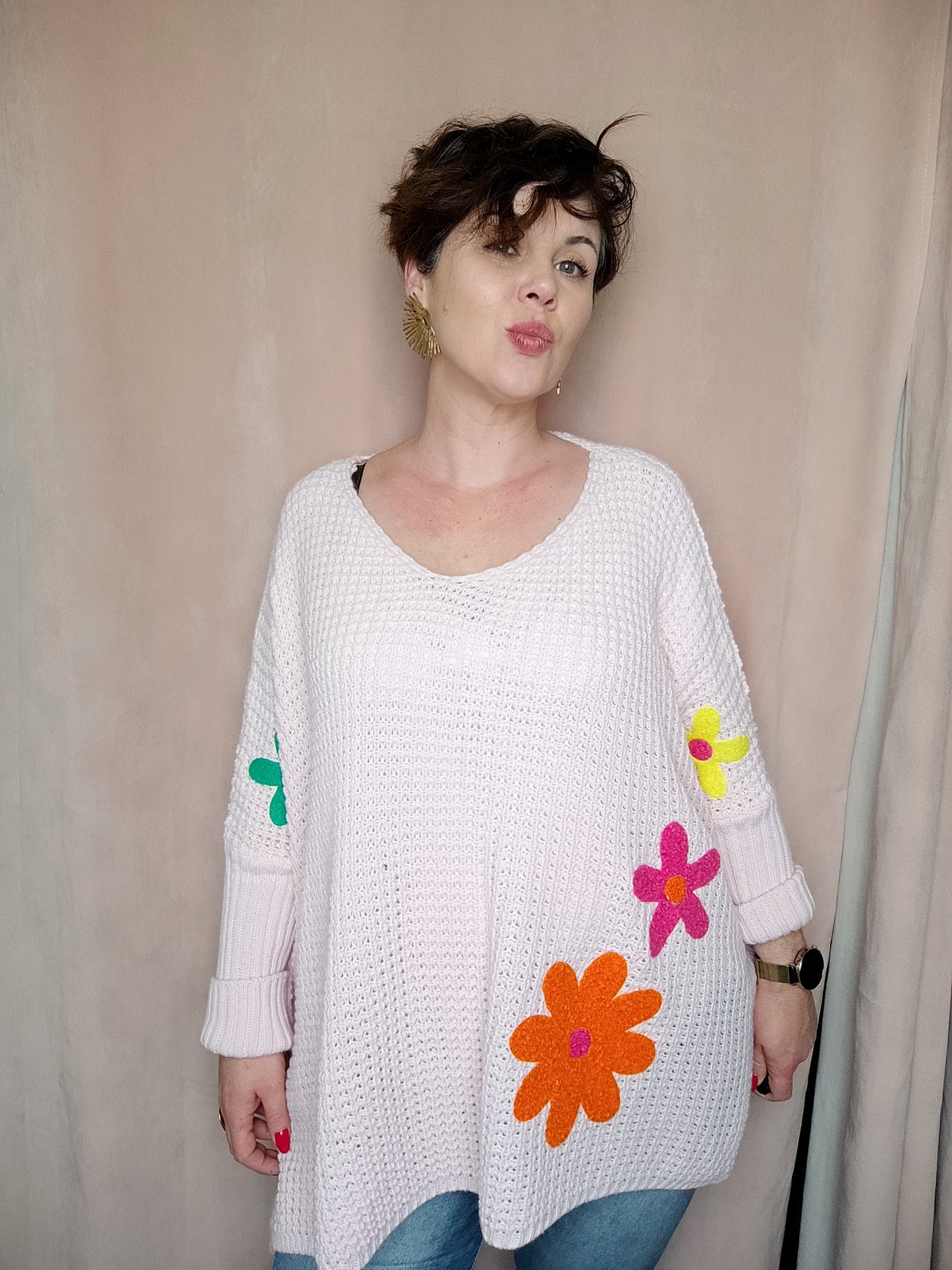 Pull Maille Fleurs Rose