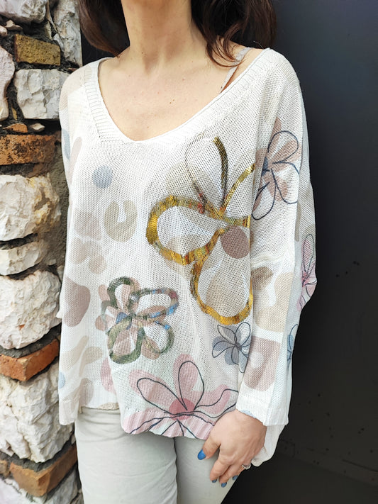 Pull Maille Fleurs Taupe